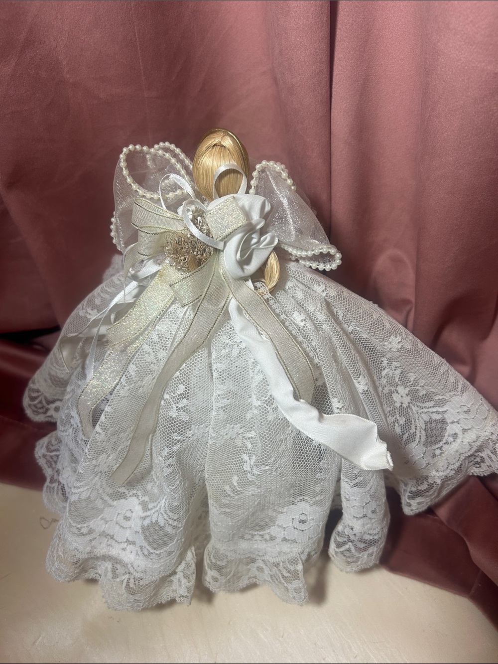 White Lace Angel Figurine with Pearl-Trimmed Wings Handmade Signed